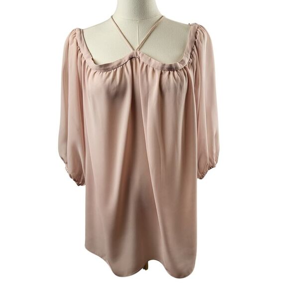 1 STATE Medium Pale Pink Sheer Blouse Off-The-Shoulder Halter Neck 3/4 Sleeve - Picture 3 of 8